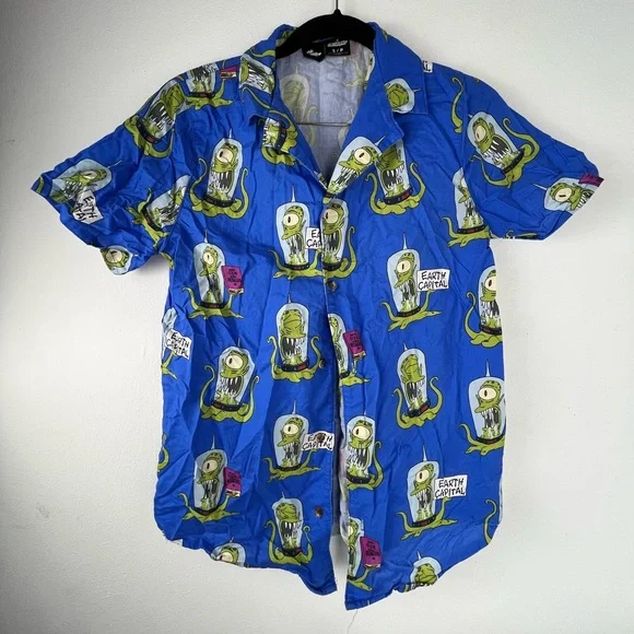 Cakeworthy x The Simpsons Kang & Kodos Button-Up Shirt Mens Small Blue Alien - Picture 1 of 9